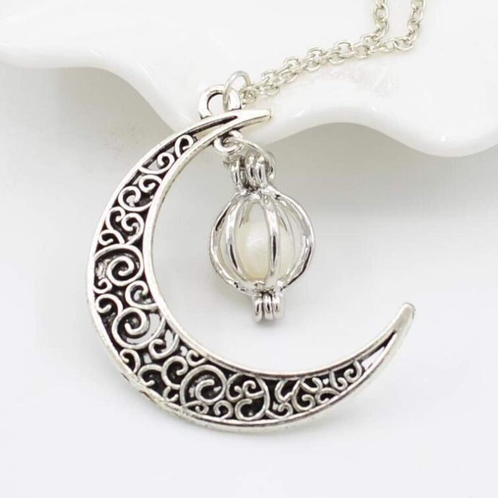 Glow in The Dark Silver Crescent Moon and Orb Necklace - Glowing Blue Moon Charm - Picture 2 of 3